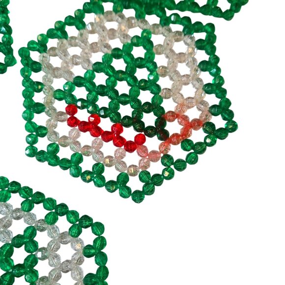 Vintage Beaded Christmas Tree Coasters Beaded Set Of 6 Green Red White - Picture 6 of 15